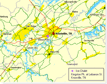 Map of area surrounding Knoxville with a dot on the map to show where the Ice Chalet is located