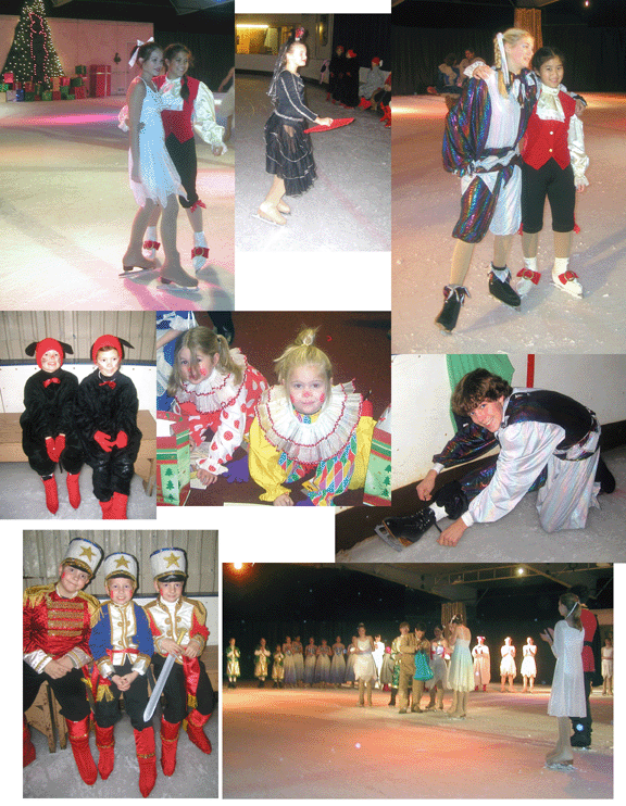 A collage of photos from the performance of skaters in their costumes
